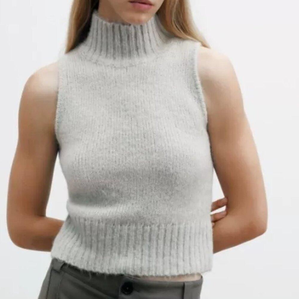 NWOT ZARA Alpaca/Wool/Acrylic Blend Gray Sleeveless Mockneck Sweater Sz …